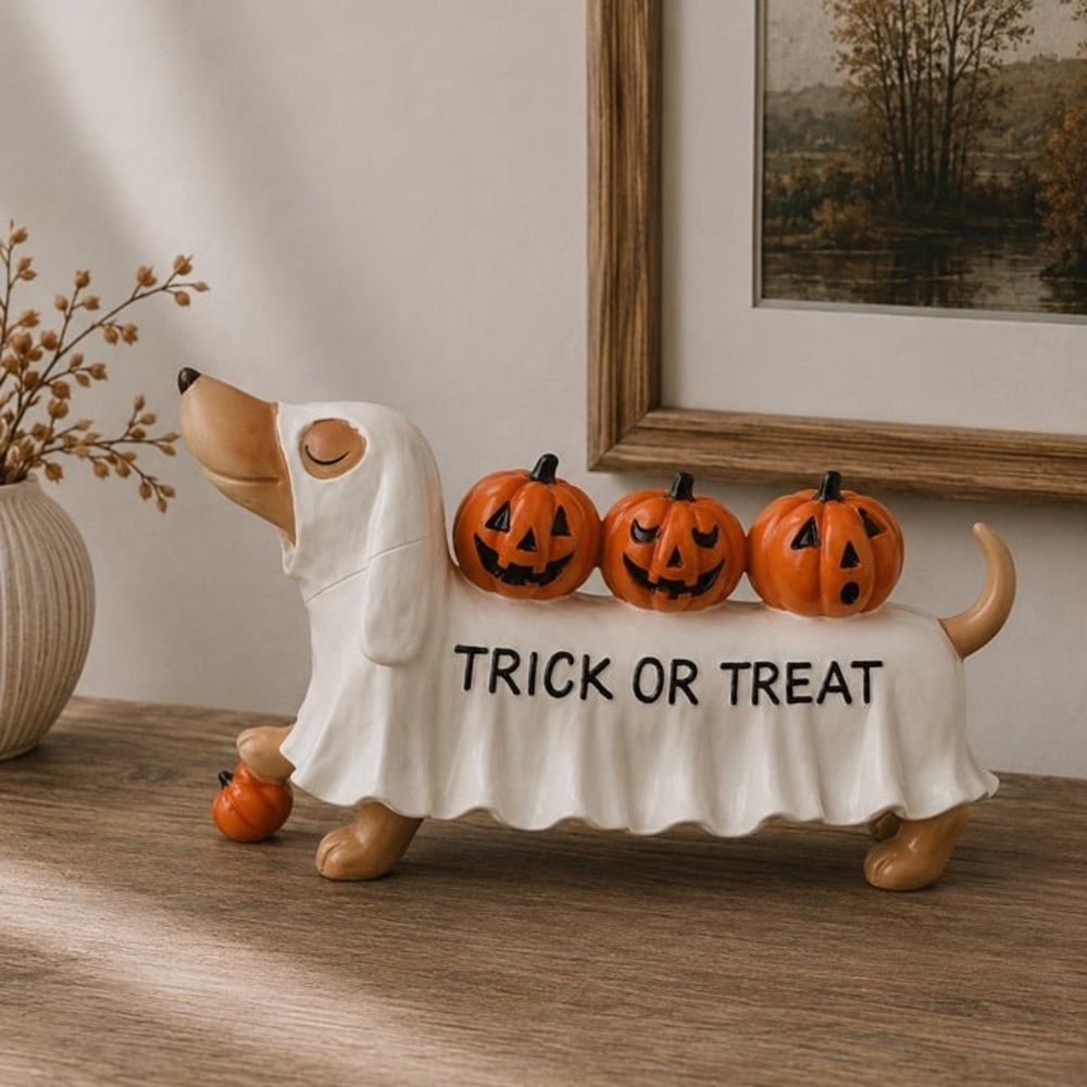 NEW Candy Corn Lane Ghost Dachshund Pumpkins Trick or Treat Halloween Figurine